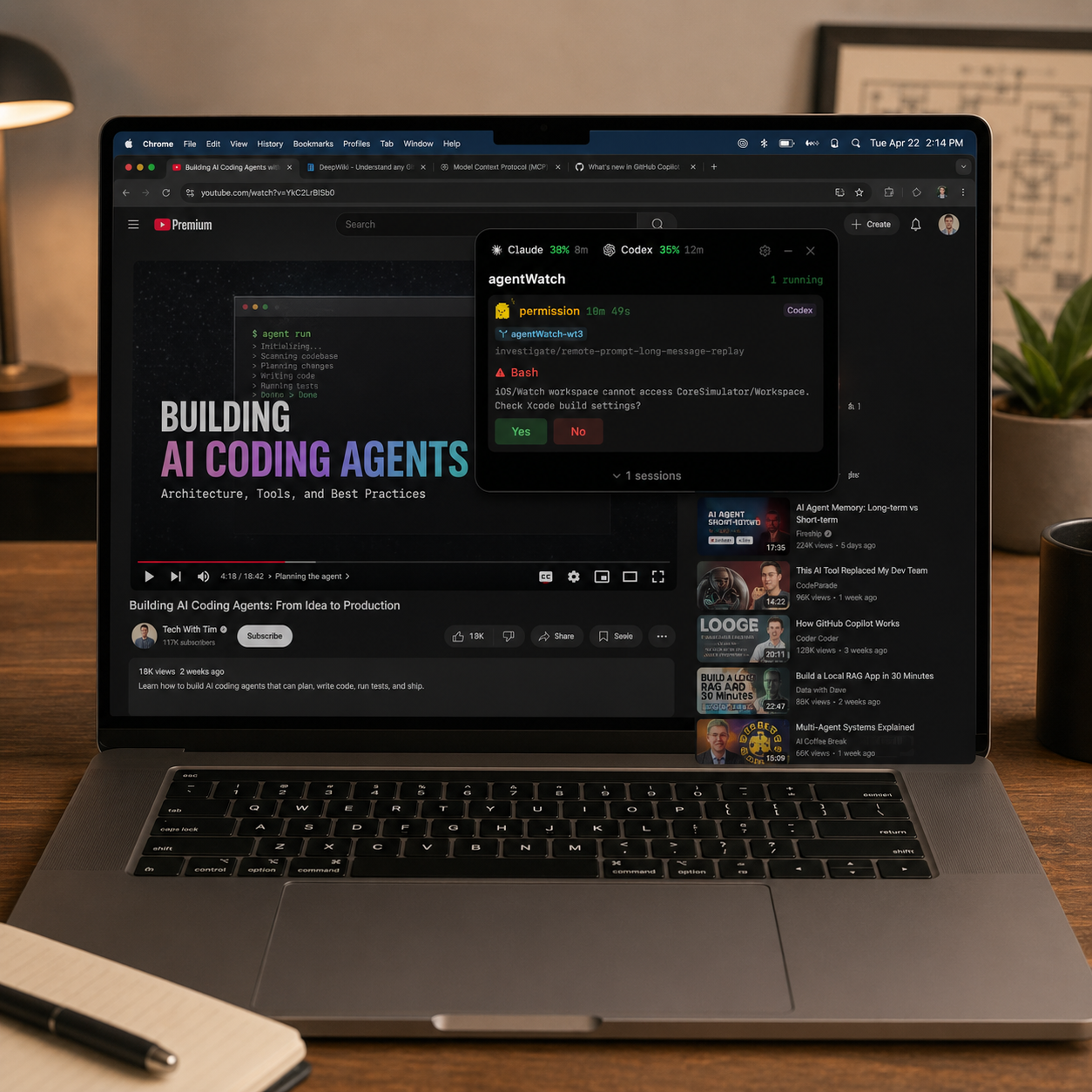 MacBook에서 YouTube를 보면서 AgentWatch 세션 세 개와 권한 요청을 확인하는 장면