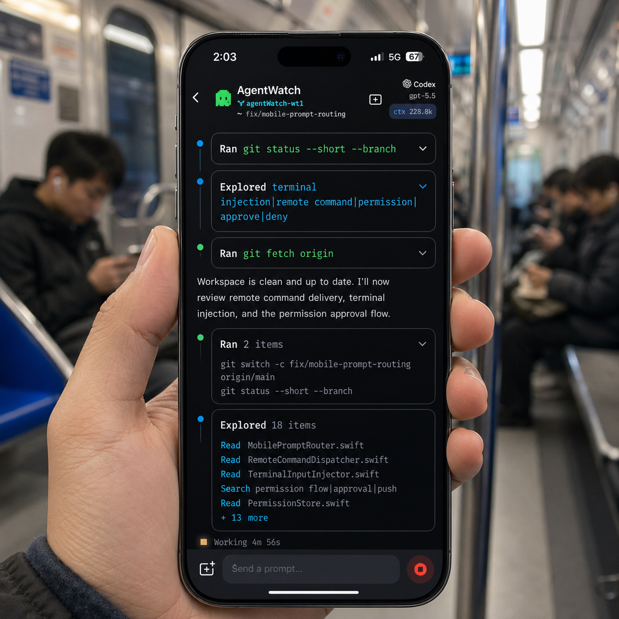 출근 지하철에서 AgentWatch 모바일 앱으로 Claude와 Codex 프롬프트를 입력하는 장면